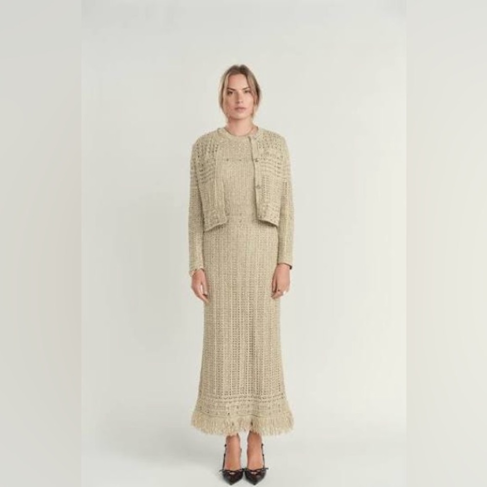 Knit Fringe Hem Cardigan & Maxi Dress Set